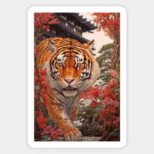 Red Flowers Tiger Sticker